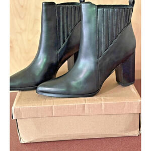 Vodvob Black Pointed Toe Ankle Chelsea Boot Stacked Chunky Block Mid Heel NIB